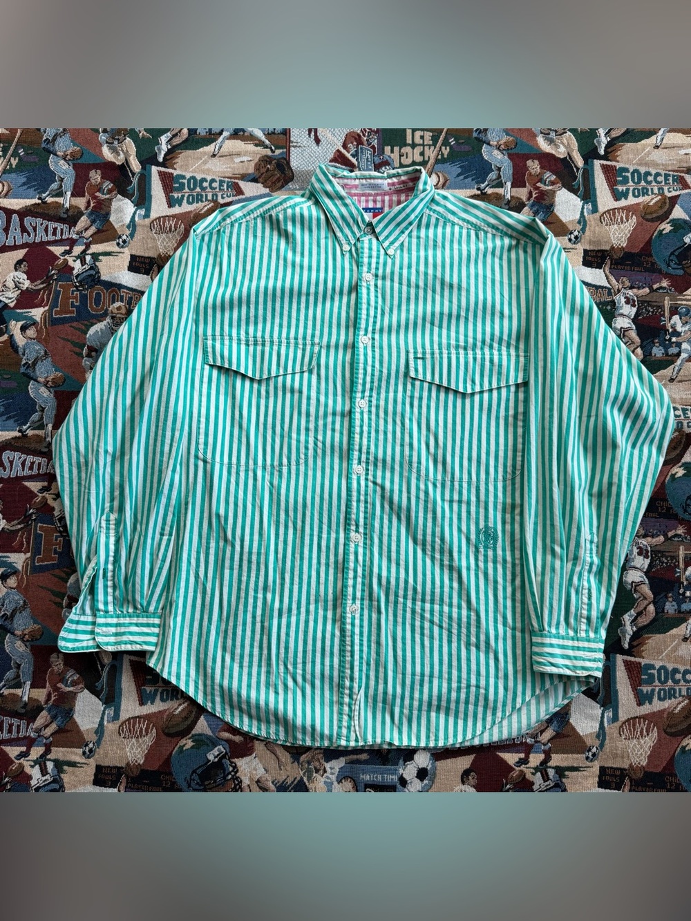 Y2K Vintage Men’s Tommy Hilfiger Green Striped Nautical Button Up Shirt